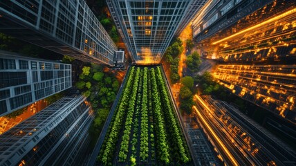 Urban Rooftop Garden Amidst City Skyscrapers at Night