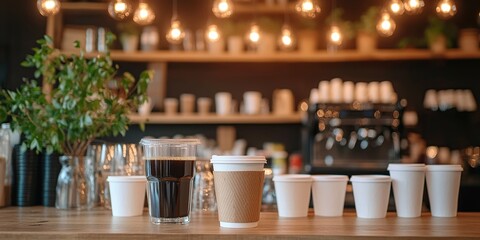 Fototapeta premium Coffee Shop Drinks: Brewing Fresh Coffee, Espresso, and Other Beverages in a Cozy Cafe Setting.