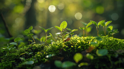 Lush green plants growing on moss in serene forest setting, capturing nature beauty and tranquility