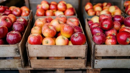 Red and yellow apples in wooden crates at a market