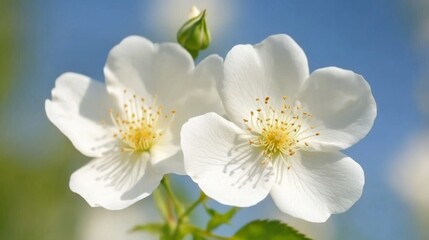White Wild Roses Blooming in Sunlight Against a Blue Sky Background