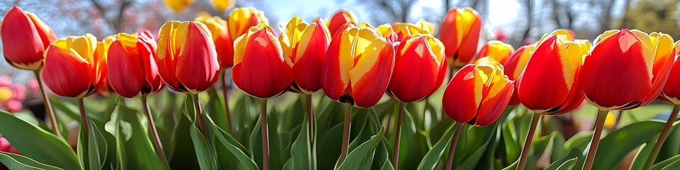 A cluster of vibrant red and yellow tulips in full bloom under a bright spring sky