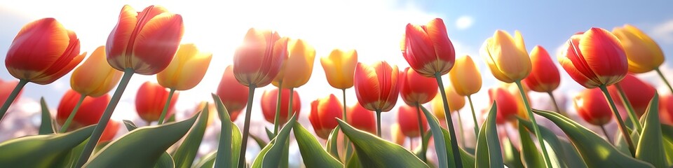 A cluster of vibrant red and yellow tulips in full bloom under a bright spring sky