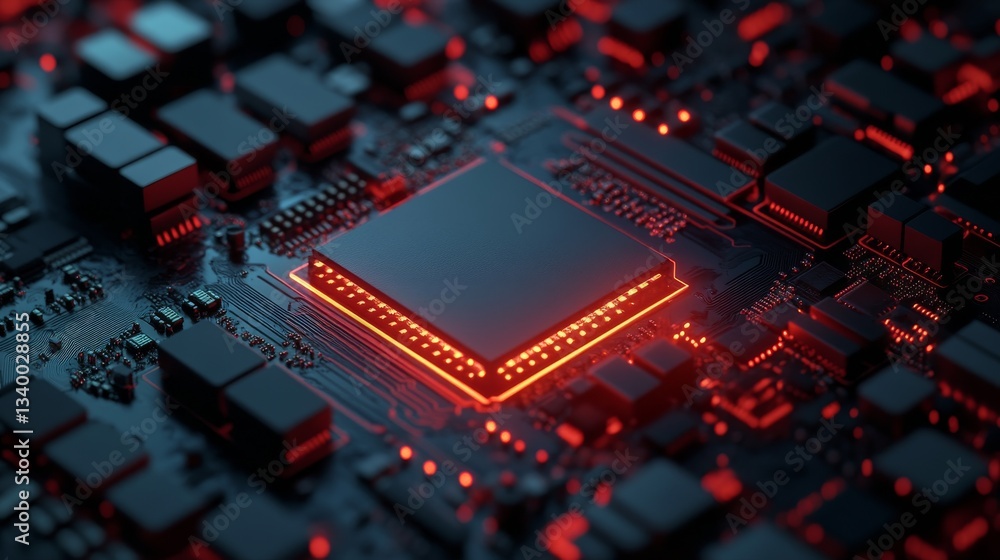 Poster microchip on circuit board glowing with red light, futuristic electronics concept