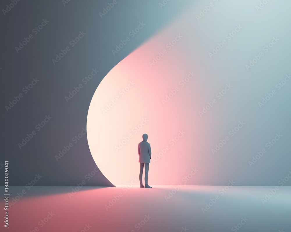 Poster silhouette standing at the edge of a glowing curve in a modern abstract setting