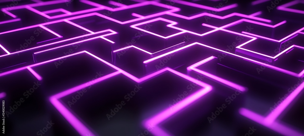 Poster a complex pattern of glowing purple neon lines tracing an abstract maze on a deep black backdrop.
