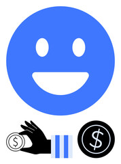 Fototapeta premium Smiling face and coin exchange visualizing happiness with transparent transactions. Ideal for banking, finance, e-commerce, customer service, trust, investment, partnership, flat simple metaphor