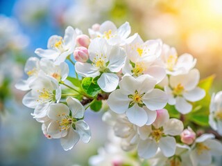 Fototapeta premium Delicate White Apple Blossoms on Branch, Spring Floral Background