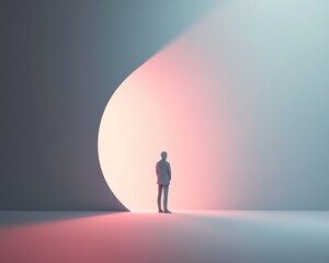 Obraz premium Silhouette Standing at the Edge of a Glowing Curve in a Modern Abstract Setting
