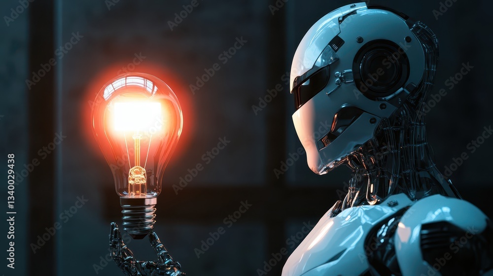 Poster a futuristic robot holds a glowing lightbulb with its robotic hand