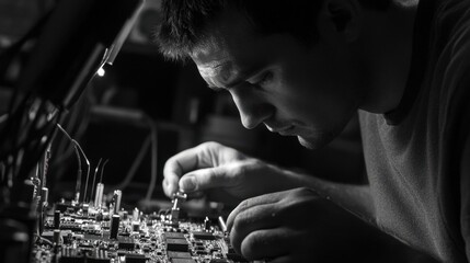 A man meticulously working on a circuit board with care