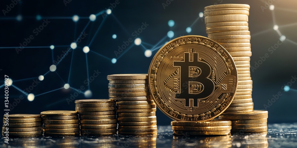 Poster bitcoin stands tall among stacks of coins with digital connections in the background during a futuri