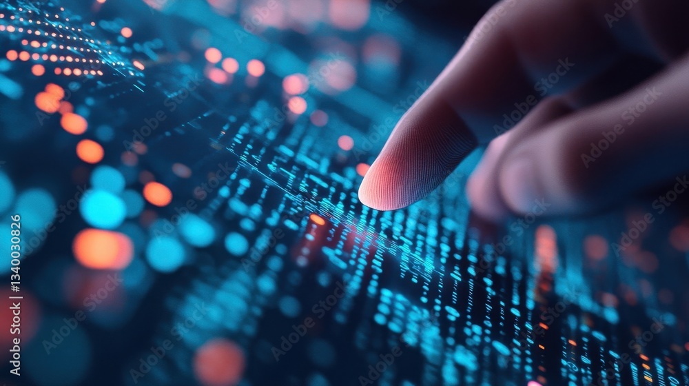 Poster a hand touches a glowing data pattern on a surface
