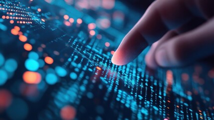 A hand touches a glowing data pattern on a surface