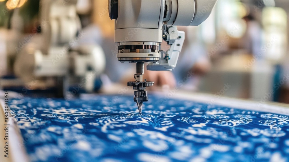 Poster automated robotic arm creating textile patterns on patterned cloth