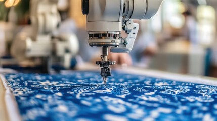 Automated robotic arm creating textile patterns on patterned cloth