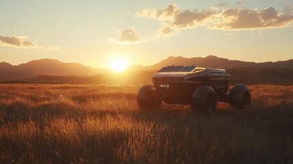 Fototapeta premium Futuristic Solar Powered Vehicle In Golden Sunset Field