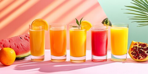Refreshing Fruit Juices Displayed on a Colorful Background With Tropical Elements at a Sunny Afternoon Gathering