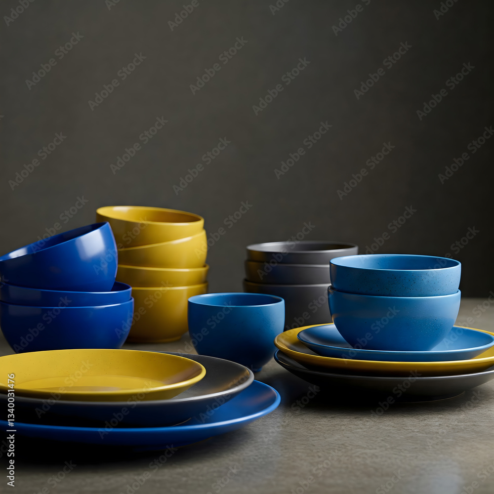 Aufkleber a collection of colorful bowls and plates are neatly arranged on a table against a dark background