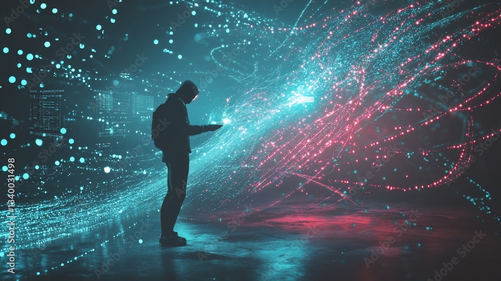 Poster silhouette of a person holding a glowing tablet with digital data streams around them
