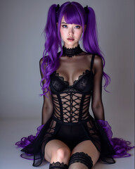 Sensual Anime Beauty — Luxurious Purple & Black Lingerie