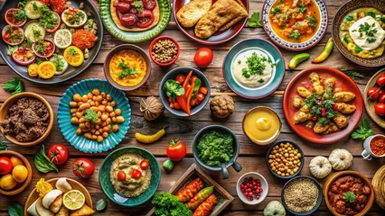 Delicious Food Platter: Top-Down View of Appetizing Dishes on a Table