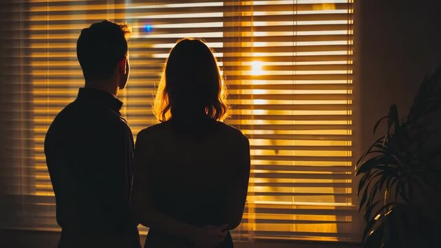 Couple enjoys sunset together while standing near window with blinds partially drawn