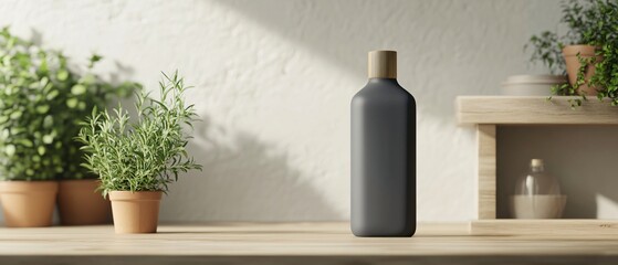 Fototapeta premium Brushed Metal Olive Oil Bottle, Fine Dining Private Booth, Velvet Seats, Golden Pendant Lights. Fine dining. Copy space. Generative AI 