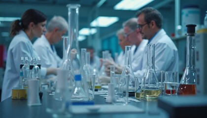 A laboratory room with flasks.