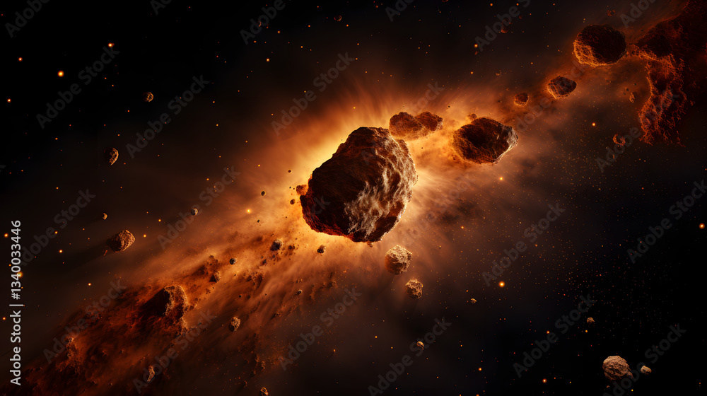 Poster a majestic asteroid floating in the sky captured against a distant cosmic backdrop highlighting its 