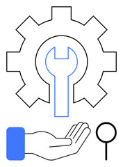 Gear with a wrench symbolizes tools and settings. Open hand suggests support and care. Pin highlights focus. Ideal for maintenance, service, engineering, repair, technology, teamwork support in flat