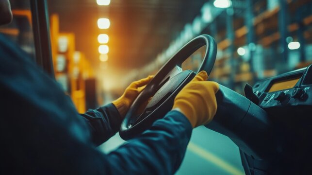 Person drives a forklift in a warehouse or storage building - Powered by Adobe
