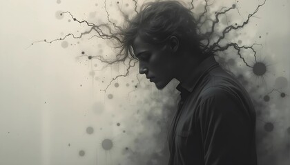 A fading silhouette dissolving into the background, symbolizing emotional exhaustion and losing oneself to stress or depression. A minimalist abstract concept for mental health themes.