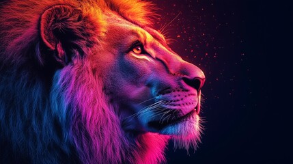 Close-up profile view of a lion's head and shoulders, rendered in vibrant, stylized neon colors of pink, orange, blue, and red. The background is dark and textured, with subtle light speckles