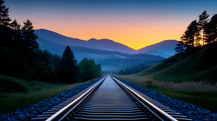 Fototapeta premium Railway Tracks Winding Through Serene Mountain Landscape at Sunset