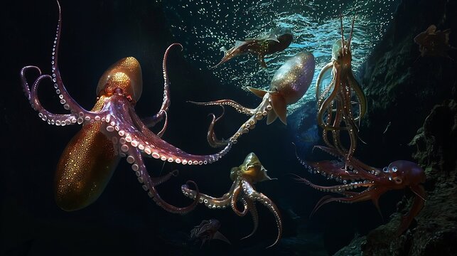 Deep sea trench filled with giant squid viperfish dumbo octopuses anglerfish and giant isopods eerie bioluminescence glowing in the abyss