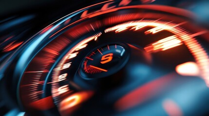 Illuminated car dashboard speedometer indicating rapid vehicle speed and movement