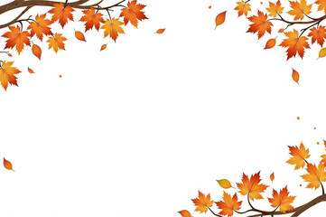 Autumn border made of branches and colorful leaves isolated on white background