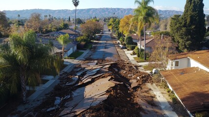 Suburban Street Damaged by Landslide Mudflow Debris