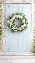 White Flower Wreath Light Blue Door