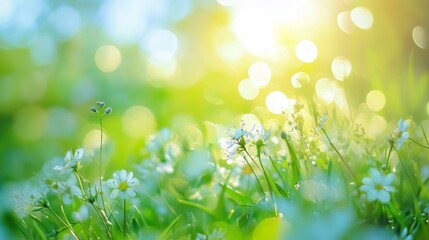 Obraz premium Sunny field of white wildflowers with vibrant green grass and bokeh effect