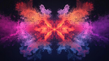 Symmetrical composition of vibrant splattered powders forming mandala shapes, artistic and festive, perfect for Holi festival designs, cultural illustrations, and decorative patterns.