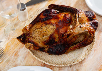 Popular dish all over the world appetizing baked duck stuffed with pearl barley