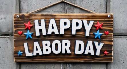 Obraz premium happy labor day lettering on wooden sign board hanging on concrete wall background