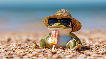 Joyful frog character wearing a fun hat and sunglasses enjoying a refreshing summer popsicle on a sunny day