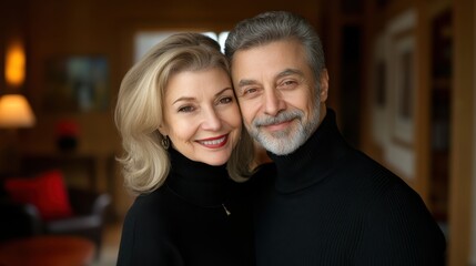 Fototapeta premium A man and a woman smiling warmly together in a cozy indoor setting with wooden elements and warm lighting