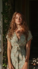 Naklejka premium Close-up portrait of a young woman with long wavy brown hair, wearing a pale green short-sleeved v-neck summer dress with a subtle floral print. The image is lit primarily by natural light streaming