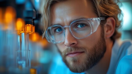 Close-up portrait of a young Caucasian male scientist, wearing clear safety glasses, with light blonde hair and a short beard.  The subject maintains direct eye contact with the viewer, exhibiting a