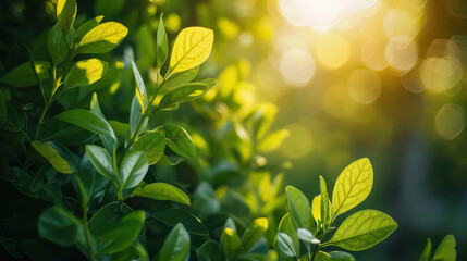 Obraz premium Lush green leaves basking in warm sunlight create serene atmosphere