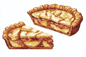 A retro 8-bit pixel art slice of apple pie, shown from three different angles, featuring a golden crust and pixelated details.  .